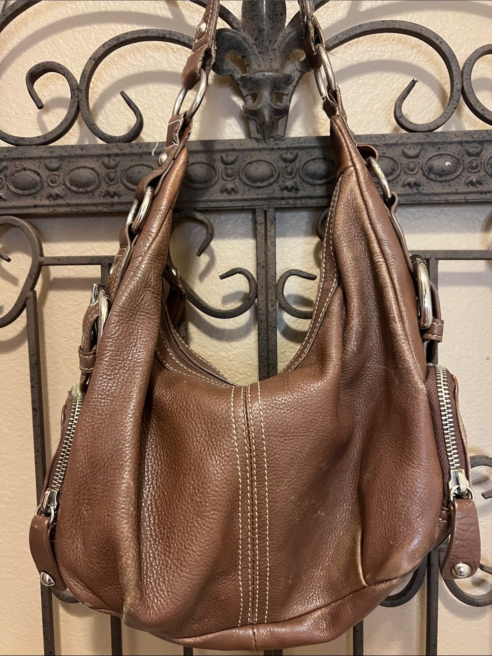 Women's Brown Leather Hobo Bag with Silver Hardware